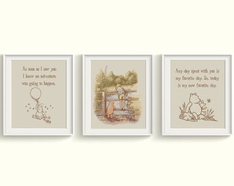 Winnie the Pooh Nursery Art Prints Qty 3 - Classic Pooh Vintage, Baby Girl Boy Gender Neutral BEDROOM Piglet Original Pooh Balloon Artwork