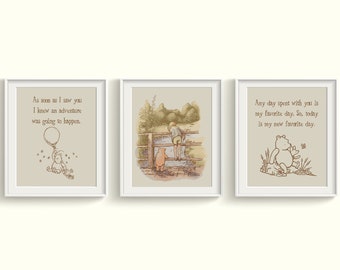 Winnie the Pooh Nursery Art Prints Qty 3 - Classic Pooh vintage, Baby Girl Boy Gender Neutral BEDROOM Piglet Original Pooh Balloon Artwork