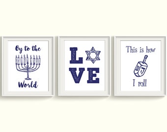 Hanukkah Art Prints Qty 3 Happy Chanukah Menorah Festival of Lights Jewish Holiday decor Oy to the World Star of David Dreidel Gift