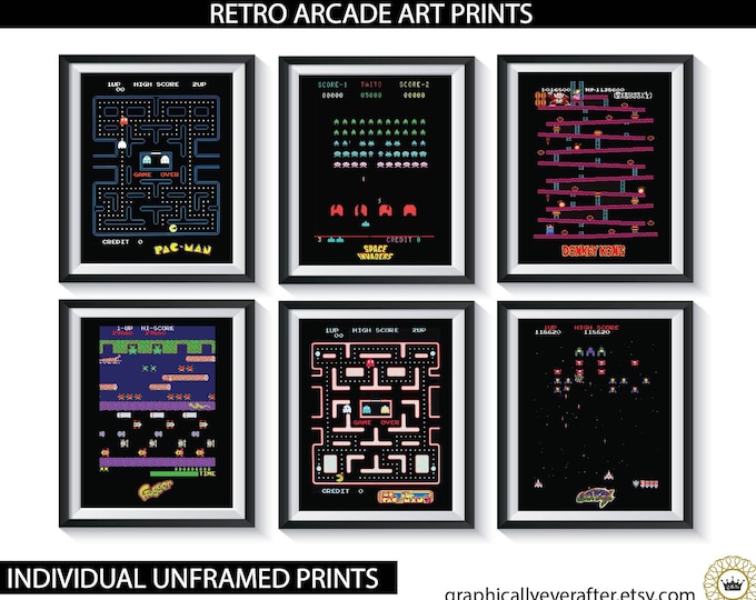 Retro Arcade Games Art Prints Game Room Posters UNFRAMED Qty 6 Vintage Video Game Playroom Gamer Wall Art Decor Man Cave Birthday Gift Ideas