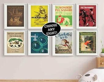 Book Lover Art Prints, Kids Book Cover Vintage Posters UNFRAMED Qty 8 Book Lover Wall Posters Gift Charlottes Web Outsiders Classroom Art