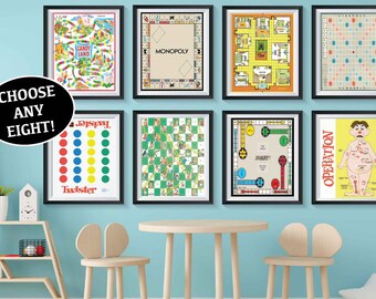 Board Game Kids Playroom Art Prints Set of 8 Vintage Game Room Decor Classic Candyland Clue Operation Twister Scrabble Housewarming Gift