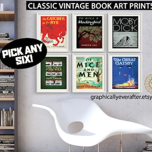 Vintage Book Cover Art Prints, Classic Books Art Posters UNFRAMED Qty 6 Book Lover Wall Posters Gift High School English Classroom Posters