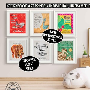 Childrens Book Cover Art Prints Set of 6 Nursery Storybook Watercolor Toddler Playroom Wall Painting Decor Poster Baby Shower Gift
