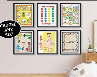 Vintage Board Games Art Prints Set of 6 Retro Game Playroom Vintage Game Room Posters BEDROOM Classic Candyland Clue Operation Scrabble