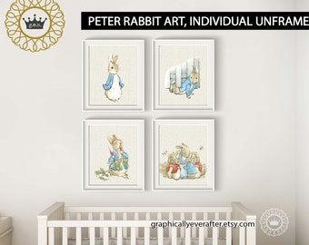 Peter Rabbit Nursery Art Prints Set UNFRAMED Qty 4 Vintage, Baby Girl Boy Gender Neutral BEDROOM, Beatrix Potter, Bunny, posters Rabbits