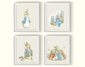 Peter Rabbit Nursery Art Prints Set UNFRAMED Qty 4 Vintage, Baby Girl Boy Gender Neutral BEDROOM, Beatrix Potter, Bunny, posters Rabbits