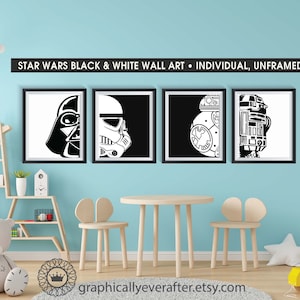 Star Wars Minimalist Art Prints, Star Wars Bedroom Wall, Star Wars Nursery Decor, Darth Vader Storm Trooper R2D2 BB8 Qty 4 Black and White