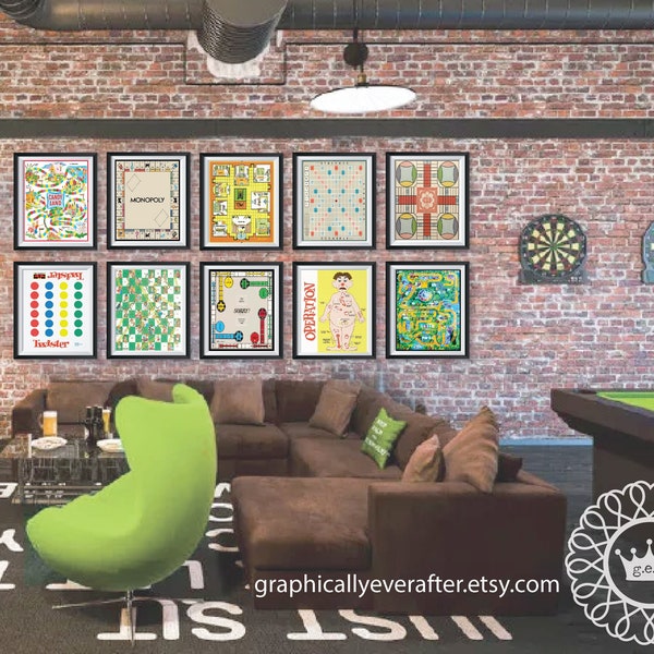 Retro Board Games Art Prints UNFRAMED Qty 10 Game Room Housewarming Gift Playroom BEDROOM Classic Vintage Candyland Clue Operation Scrabble