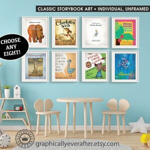 Classic Storybooks Nursery Art Prints UNFRAMED Qty 8 Gender Neutral Wall Decor Baby Girl Boy BEDROOM Library Peter Rabbit Baby Shower Gift