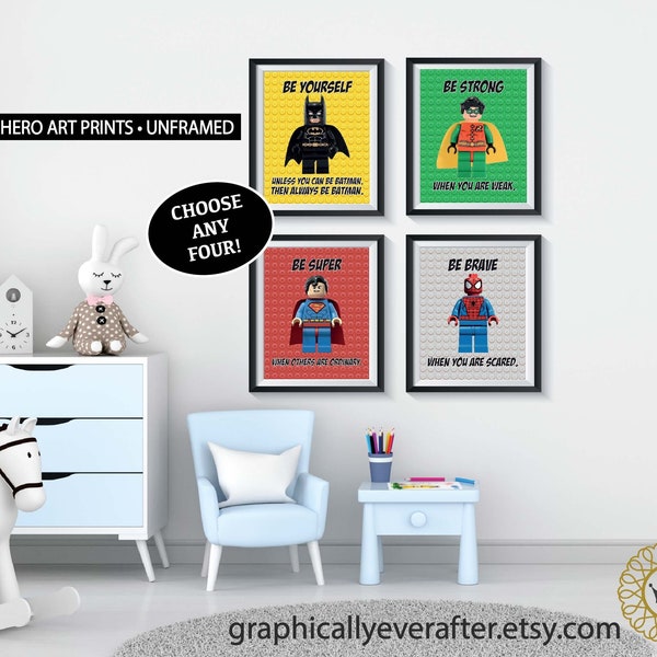 Superhero Wall Art Prints, UNFRAMED Qty 4, Boys Nursery, Kids Bedroom Posters, Playroom Decor, Baby Shower Gift, Hulk Iron Man Wonder Woman