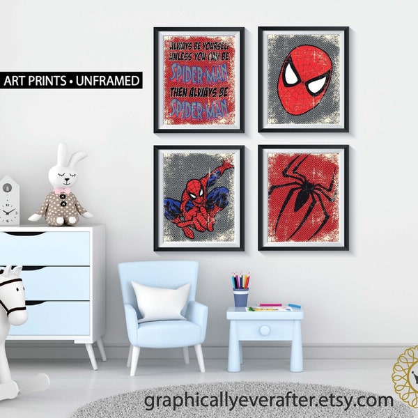 Retro Spider-Man Wall Art Prints, Vintage Style Superhero Posters, Qty 4 Boy's Bedroom Art, Kids Playroom Decor, Big Boy Room Wall Posters