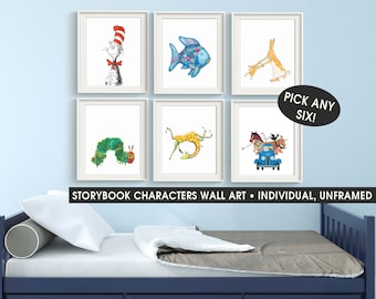 Favorite Book Characters Art Prints, Classic Storybook Posters, UNFRAMED Qty 6, Baby Girl Boy Gender Neutral Nursery, Preschool Library Art