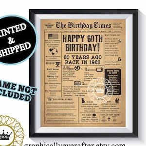 Afiche de periódico del 60.° cumpleaños, periódico del año de nacimiento de 1965, letrero de decoración para fiesta de cumpleaños, regalo para abuelo, papá, abuela y mamá
