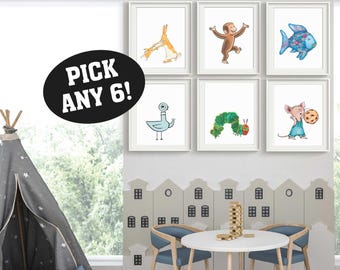 Story Book Characters Playroom Art Prints Qty 6 Baby Nursery Wall Art, Gender Neutral Nursery, Library Classic Book Stories Baby Shower Gift