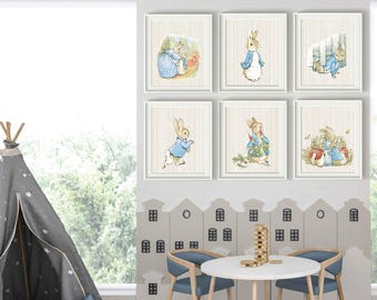 Peter Rabbit Nursery Art Prints Set UNFRAMED Qty 4 Vintage, Baby Girl Boy Gender Neutral BEDROOM, Beatrix Potter, Bunny, posters Rabbits