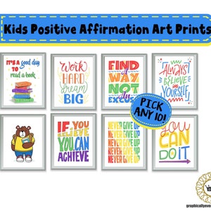 Conjunto de 10 impresiones de arte de afirmación para niños, carteles inspiradores de salas de juegos, carteles de arte Montessori de educación en el hogar, decoración del aula biblioteca preescolar