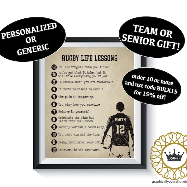 Rugby Life Lessons Art Print Qty 1 Sports Bedroom Motivational room decor Poster Birthday Present Personalized Senior Team Gift Ideas