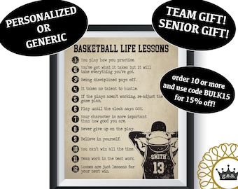 Impressão artística com lições de vida sobre basquete para meninos (1 unidade) - Presente inspirador e motivacional para quarto de atleta, ideal para formandos e torcedores de times de basquete. Presente personalizado de aniversário.