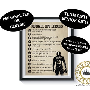 Football Life Lessons Art Print Qty 1 Sports Bedroom Inspirational Motivational room decor Birthday Present Personalized Senior Team Gift