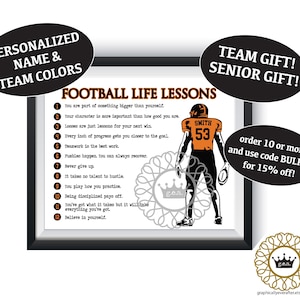 Football Life Lessons Art Print Qty 1 Sports Bedroom Inspirational Motivational room decor Birthday Present Personalized Senior Team Gift