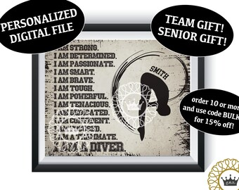 Ik ben een duiker gepersonaliseerde kunst digitaal bestand aantal 1 jongens of meisjes springplank duiken team cadeau senior slaapkamer slaapzaal aangepaste poster aanwezig