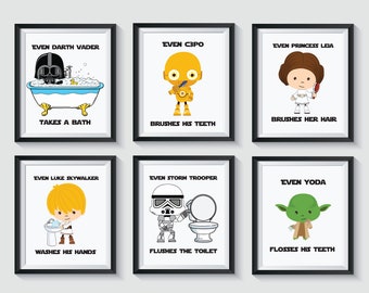 Star Wars Kids Bathroom Art Prints UNFRAMED Qty 6 Boy Gender Neutral Bathroom Girls Cute Wall Decor Poster Birthday Gift Baby Shower Present