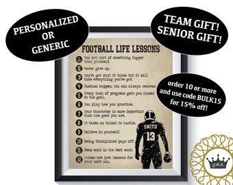 Football Life Lessons Art Print Qty 1 Sports Bedroom Inspirational Motivational room decor Birthday Present Personalized Senior Team Gift