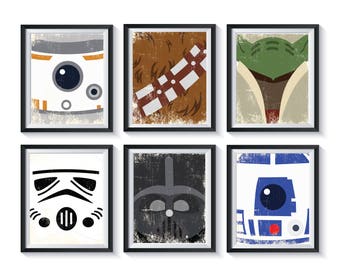 Minimalist Star Wars Art Prints Qty 6 Retro Nursery Distressed Man Cave Bedroom Playroom Home Wall Decor Darth Vader Luke Skywalker