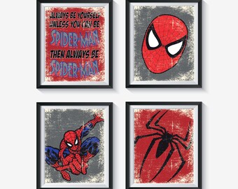 Retro Spider-Man and Logo Distressed, Vintage Style Unframed Superhero Art Print Set - Qty 4 - NURSERY BEDROOM PLAYROOM boys decor Spiderman