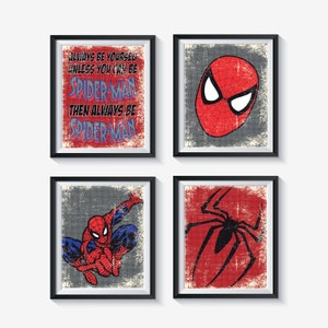 Retro Spider-Man and Logo Distressed, Vintage Style Unframed Superhero Art Print Set - Qty 4 - NURSERY BEDROOM PLAYROOM boys decor Spiderman