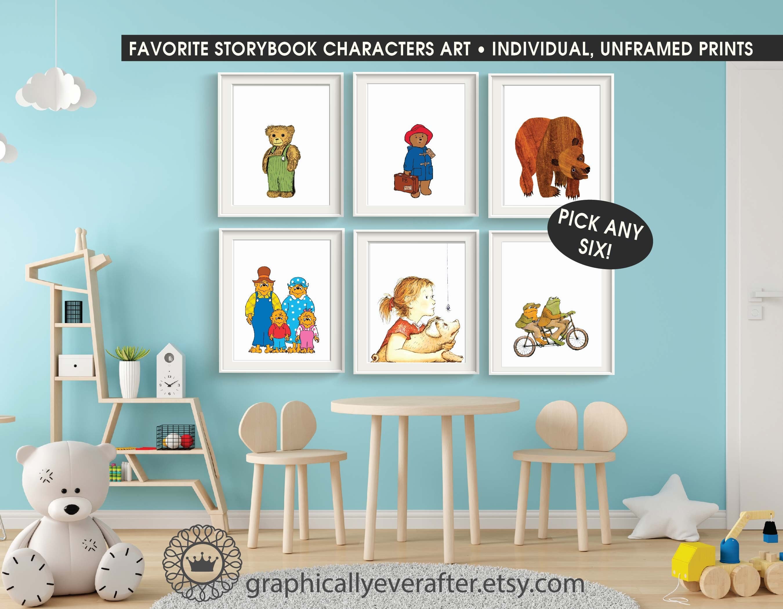Book Characters Art Prints, Classic Storybook Posters, School Library Prints, UNFRAMED Qty 6, Baby Gender Neutral Nursery, Baby Shower Gift