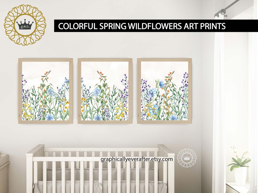 Colorful Wildflowers Art, Set of 3 Watercolor Wildflower Nursery Prints ...