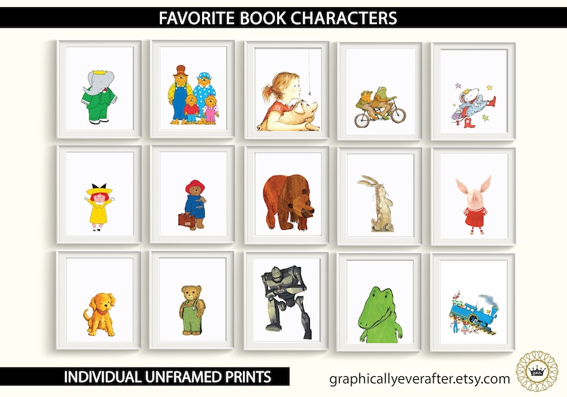 Op de afbeelding: Een collage van 12 ingelijste illustraties van populaire kinderboekfiguren. De personages omvatten Paddington Bear, De Very Hungry Caterpillar, Corduroy, Where the Wild Things Are, The Giving Tree, en meer.
