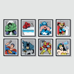 Superhero Bathroom Art Prints Qty 8 Retro Distressed wall art decor boy Spider-Man, Iron Man, Hulk Boys Captain America boys birthday gift