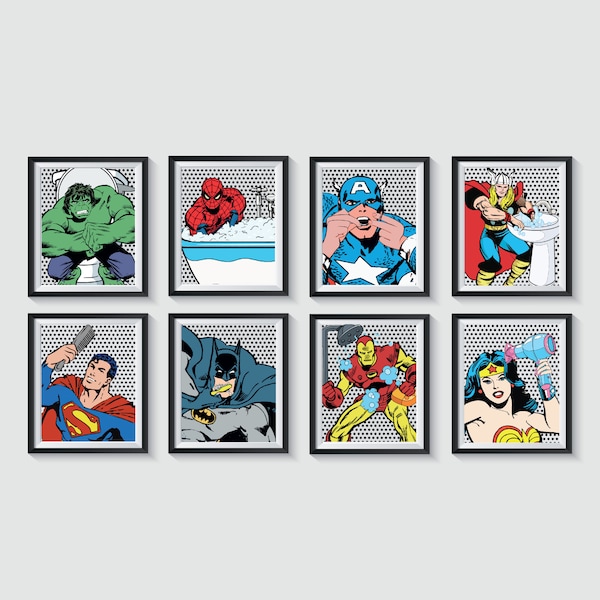 Superhero Bathroom Art Prints Qty 8 Retro Distressed wall art decor boy Spider-Man, Iron Man, Hulk Boys Captain America boys birthday gift