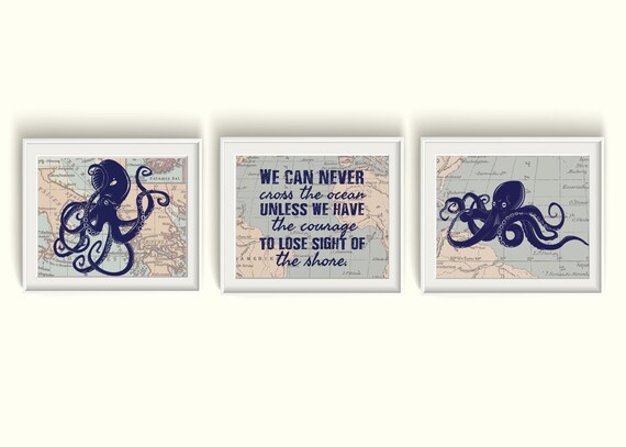 Old Map And Octopus Art Prints Unframed Qty 3 Nursery Bedroom Beach House Office Decor Nautical Vintage Ocean Sea Boy Girl Inspirational