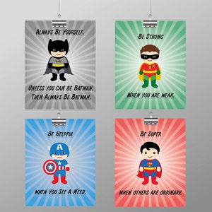 Inspirational Superhero Art Prints Set - Qty 6 - Bedroom, Nursery, Playroom Decor Spider-Man, Flash Baby Shower New Baby Present Baptism
