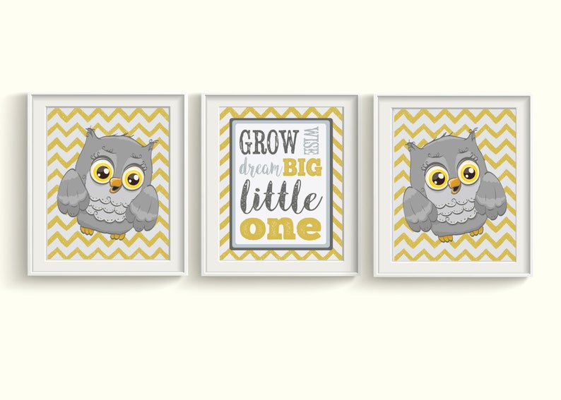 Owl Nursery Art Print Set Qty 3 Unframed Gray Owl Gender Neutral Boy Girl Nursery Bedroom Decor Yellow Gray Baby Shower Art