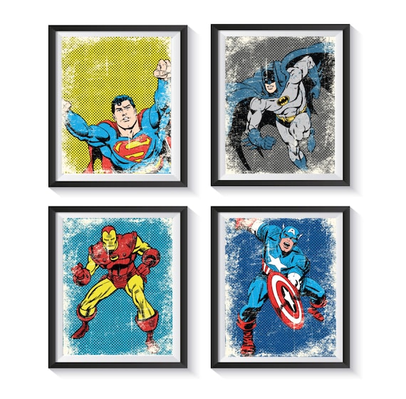 Retro Superhero Distressed Vintage Art Print Set Qty 2 Etsy