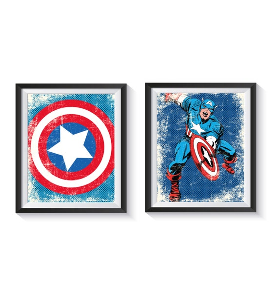 Retro Captain America And Logo Distressed Vintage Style Superhero Art Print Set Qty 2 Nursery Bedroom Playroom Decor