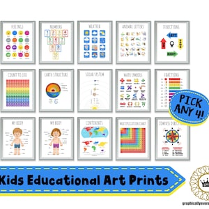 Impresiones de arte educativo Montessori para niños, conjunto de 4 carteles de arte de educación en el hogar, decoración del aula, carteles del alfabeto de aprendizaje, sentimientos de atención plena para niños