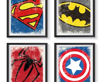 Retro Superhero Logo Distressed Art Prints, Vintage Boys Bedroom Wall Decor Qty 6 NURSERY, PLAYROOM decor unique birthday gift