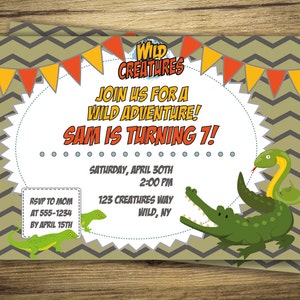 Créatures sauvages Anniversaire Invitation Reptiles, Amphibiens Garçon Anniversaire Inviter 5ème 6ème 7ème 8ème Crocodile, Serpent, Fichier numérique, Imprimable