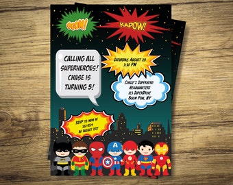 Superhero Kids Birthday Party Invitation - Iron Man, Captain America Invite Superheroes Digital File, Printable