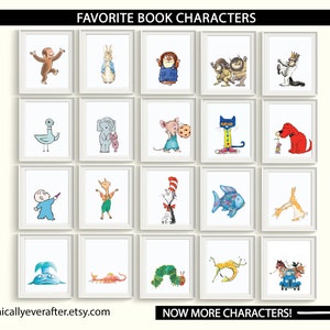May include: A collage of 20 framed illustrations of popular children's book characters, including Curious George, Peter Rabbit, The Cat in the Hat, and Clifford the Big Red Dog. The frames are white and the illustrations are in color. The text "FAVORITE BOOK CHARACTERS" is at the top of the collage. The text "NOW MORE CHARACTERS!" is at the bottom of the collage.