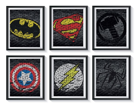 Superhero Logo Brick Art Prints Qty 4 Boys Nursery Bedroom Playroom Decor Graffiti Brick Vintage Batman Spider Man Retro Symbol