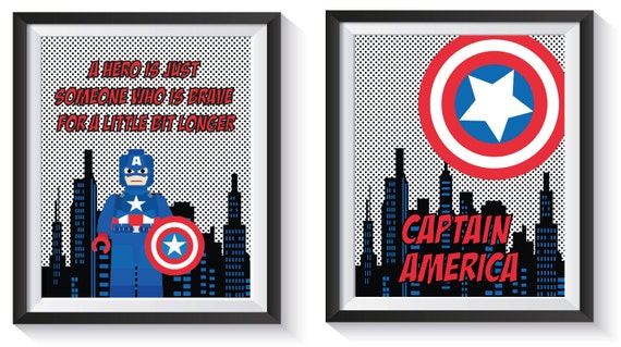 Captain America Superhero Art Print Set Qty 2 Avengers Poster Kids Bedroom Bathroom Playroom Decor