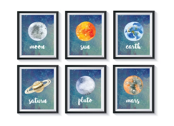 Outerspace Planets Art Prints Set Qty 8 Solar System Nursery Bedroom Playroom Watercolor Moon Earth Sun Saturn Rocketship Space
