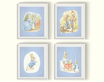 Peter Rabbit Nursery Prints Qty 4 UNFRAMED Vintage Art Baby Girl Baby Boy Gender Neutral Bunnies BEDROOM, Beatrix Potter Rabbits posters